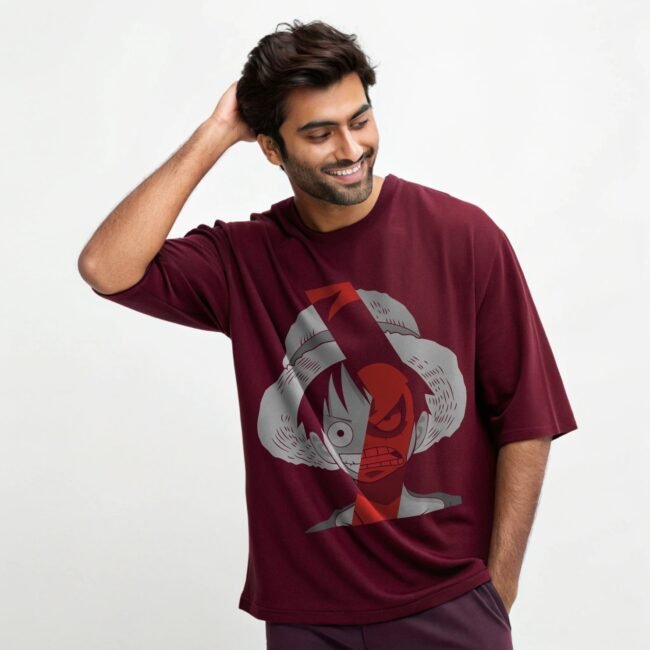 an-indian-handsome-confident-male-model wearing marron color oversized t shirt