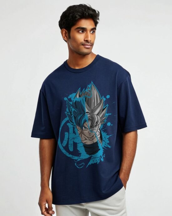 Super Saiyan Fusion Oversized T-Shirt – Navy Blue Anime Streetwear