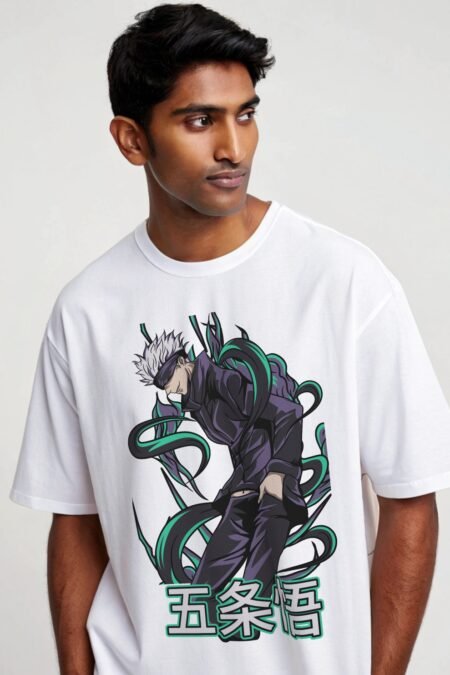 Gojo Satoru Oversized Anime Graphic T-Shirt – White Edition | 280 GSM | Drop Shoulder