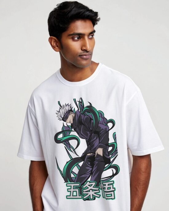 Gojo Satoru Oversized Anime Graphic T-Shirt – White Edition | 280 GSM | Drop Shoulder