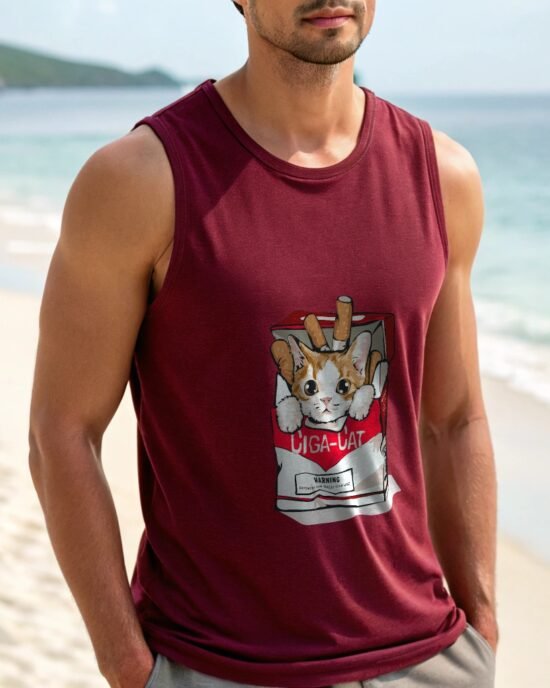 a-man-wearing-maroon-color-sleeveless-t-shirt