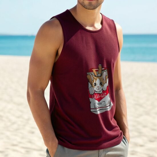 a-man-wearing-maroon-color-sleeveless-t-shirt- at beach