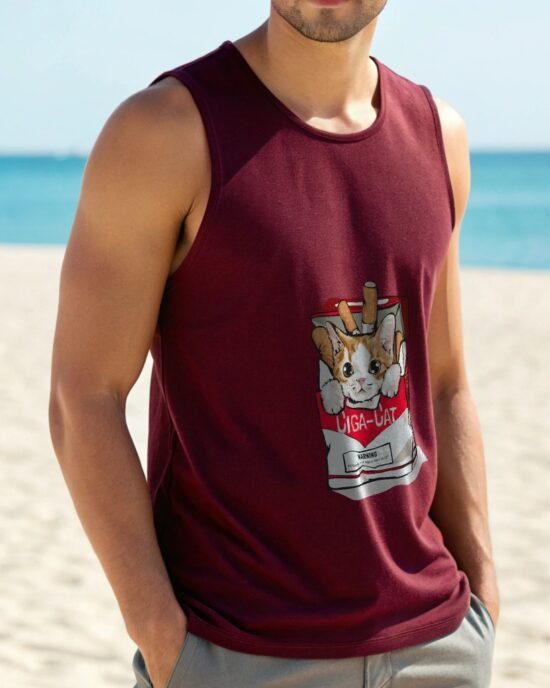 a-man-wearing-maroon-color-sleeveless-t-shirt- at beach