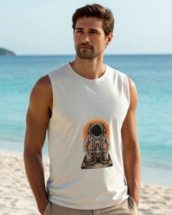 a-realistic-man-wearing-sleeveless t-shirt at beach