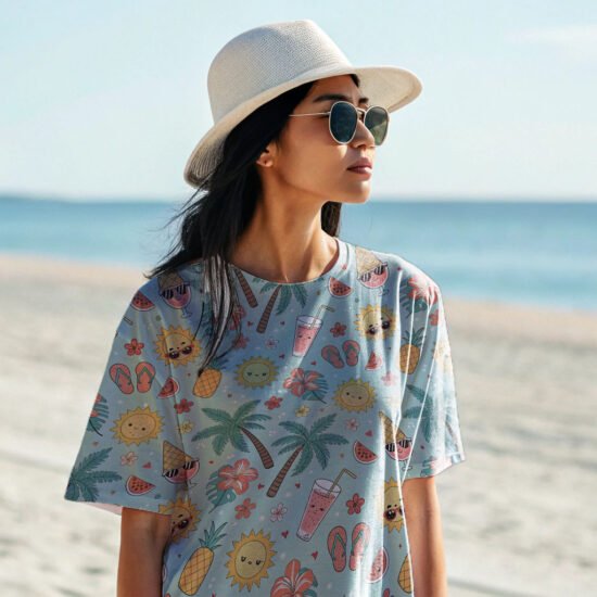 black-hair-a-women-wearing over sized tees at beach