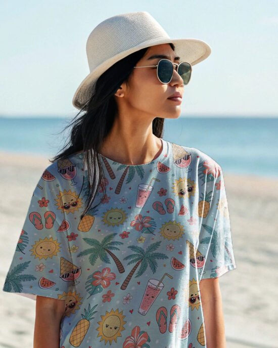 black-hair-a-women-wearing over sized tees at beach