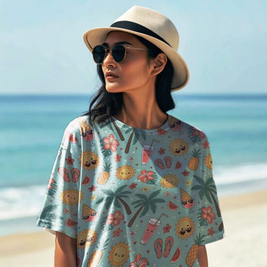 black-hair-a-women-wearing summer print over sized tees at beach summer print