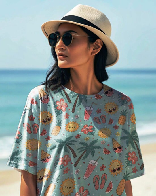black-hair-a-women-wearing summer print over sized tees at beach summer print