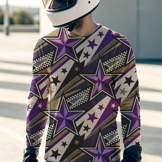 man wearing purple printing biker jersey