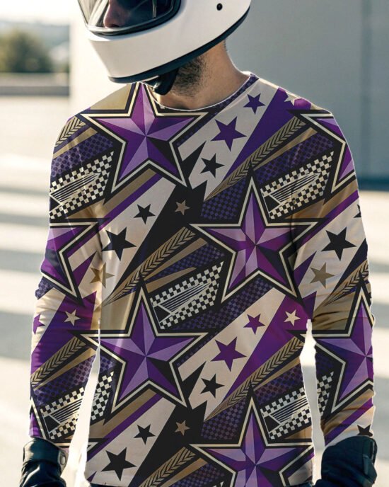 man wearing purple printing biker jersey