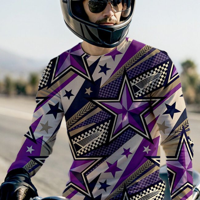 GENZIK® Purple Beige Star Biker T-Shirt – Ride with Royal Vibes (170 GSM Poly Mesh) - Image 3