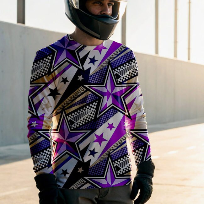 GENZIK® Purple Beige Star Biker T-Shirt – Ride with Royal Vibes (170 GSM Poly Mesh) - Image 4