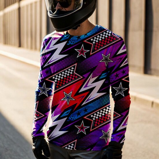 man in full gear on with purple biker jersey