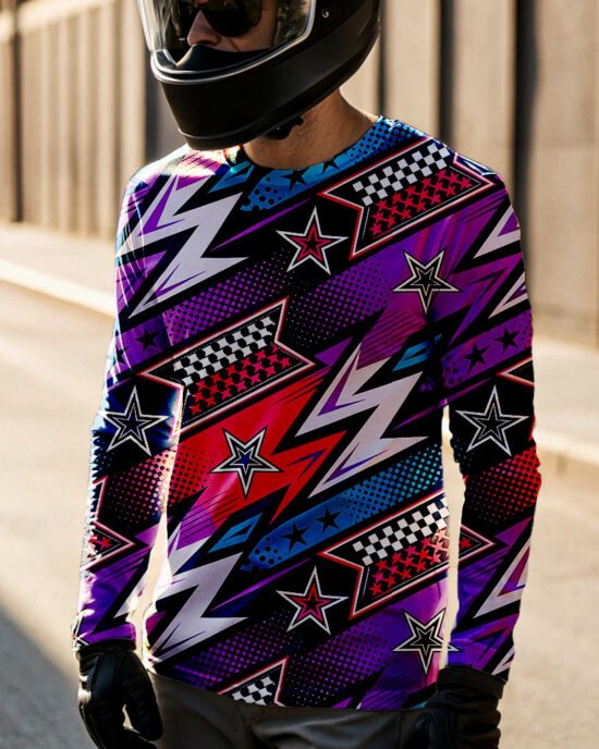 man in full gear on with purple biker jersey