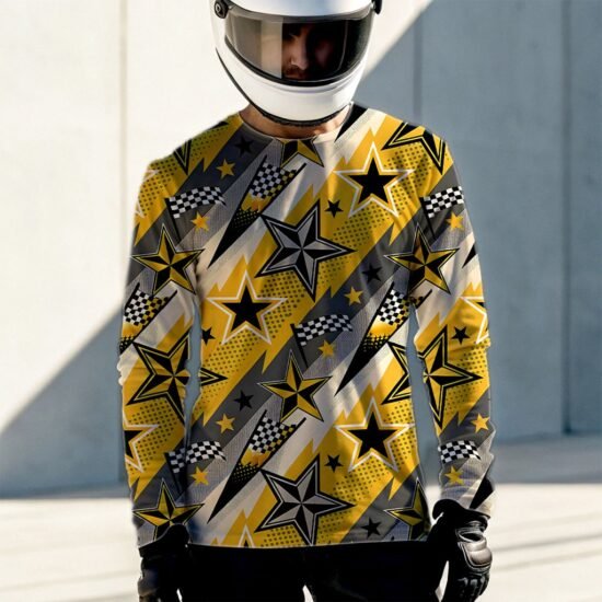 man wearing biker jersey in yellow star pattern