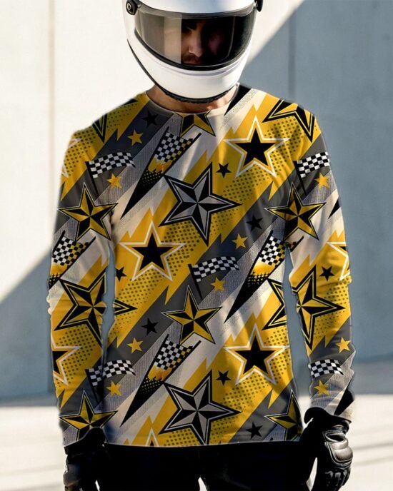 man wearing biker jersey in yellow star pattern