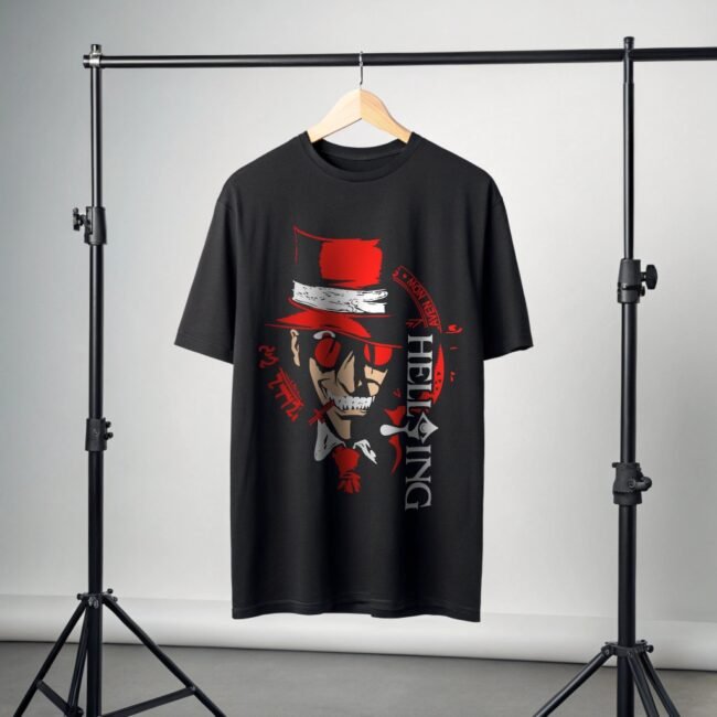 Black t-shirt hanging at studio for show piece