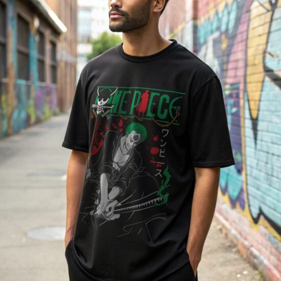 a-man-wearing-black-oversized-t-shirt one piece anime