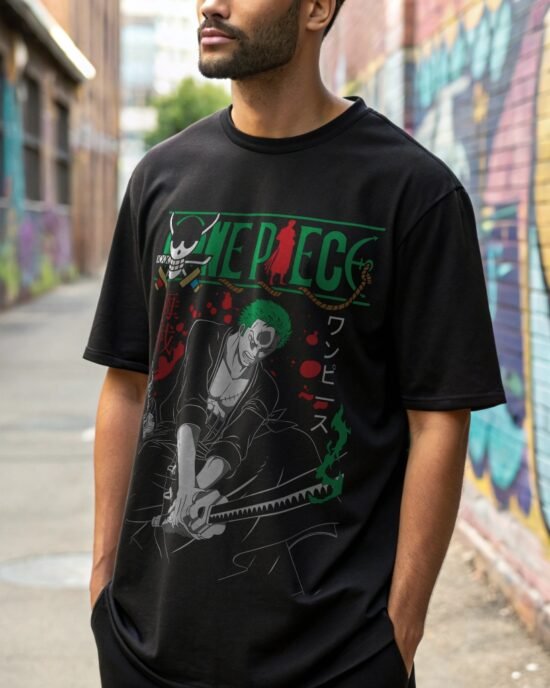 a-man-wearing-black-oversized-t-shirt one piece anime