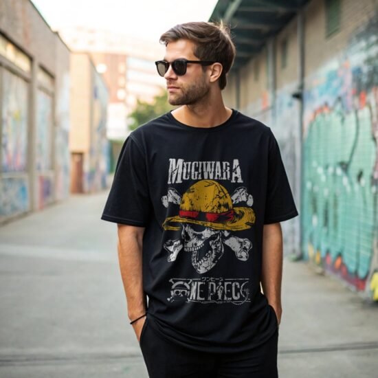 a man wearing one piece t-shirt back alley posing