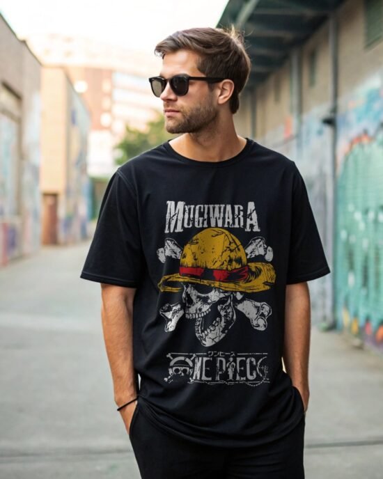 a man wearing one piece t-shirt back alley posing