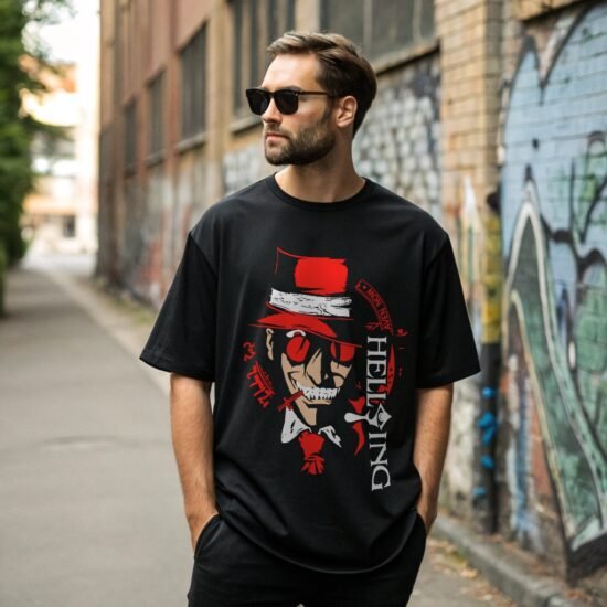 man posing back alley wearing hellsing anime t-shirt