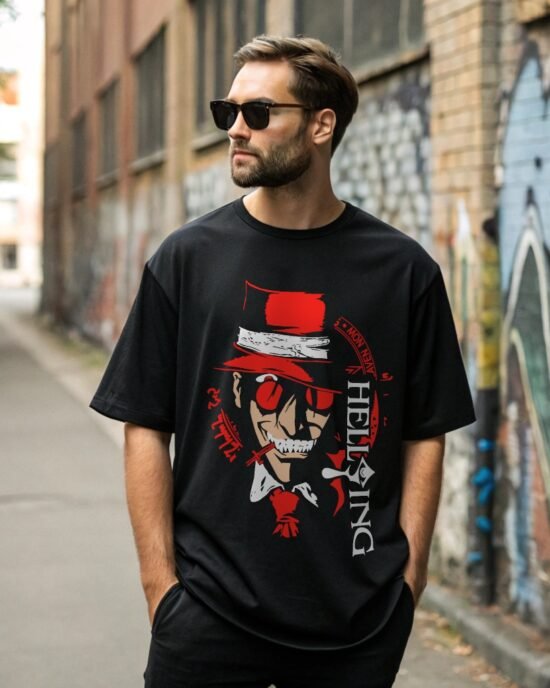 man posing back alley wearing hellsing anime t-shirt
