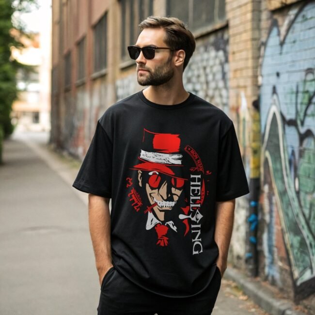 man posing back alley wearing hellsing anime t-shirt