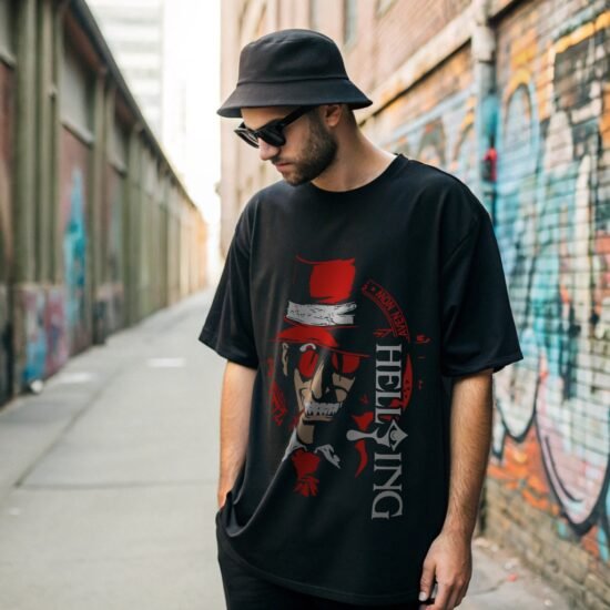 A man posing at back alley wearing hellsing anime t-shirt, hats, and sun glass