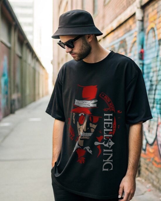 A man posing at back alley wearing hellsing anime t-shirt, hats, and sun glass