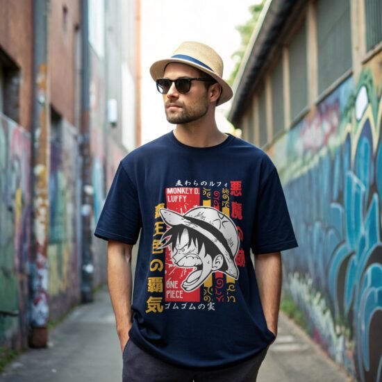 A stylish model posing back alley wearing blue color luffy anime t-shirt hats and sun glass