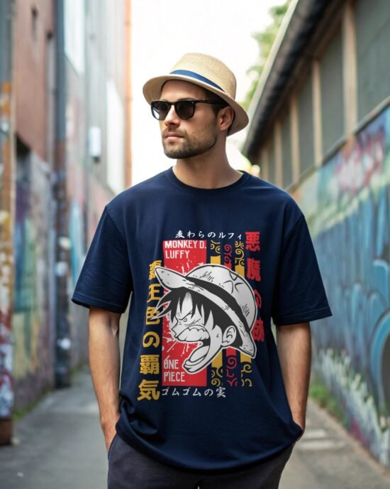 A stylish model posing back alley wearing blue color luffy anime t-shirt hats and sun glass