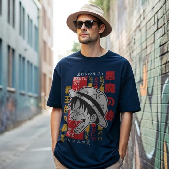 man posing back alley wearing blue color luffy anime t-shirt hats and sun glass