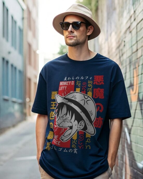 man posing back alley wearing blue color luffy anime t-shirt hats and sun glass
