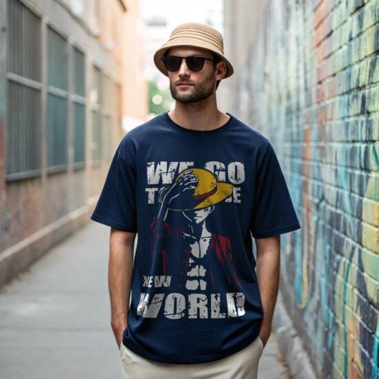 A man wearing dark navy blue oversized t-shirt in summer days outdoor back alley graffiti wall and standing straight facing camera hand in the pocket, wearing sun glass and summer hat.