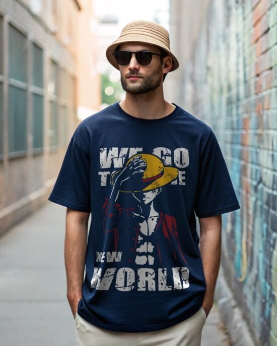 A man wearing dark navy blue oversized t-shirt in summer days outdoor back alley graffiti wall and standing straight facing camera hand in the pocket, wearing sun glass and summer hat.