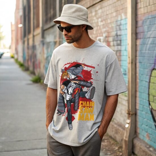 A stylish model posing back alley wearing chain saw anime t-shirt hats and sun glass