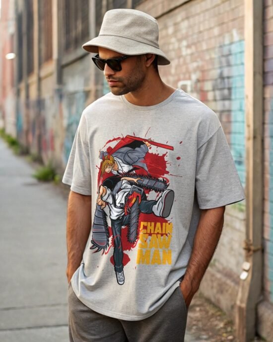 A stylish model posing back alley wearing chain saw anime t-shirt hats and sun glass