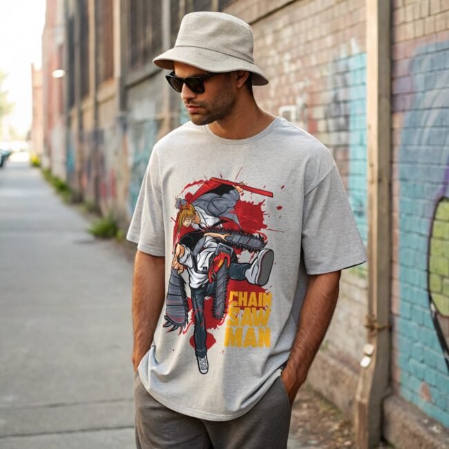 A stylish model posing back alley wearing chain saw anime t-shirt hats and sun glass