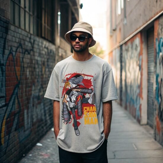 model posing back alley wearing chain saw anime t-shirt hats and sun glass