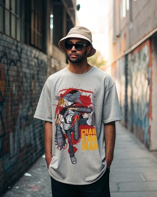 model posing back alley wearing chain saw anime t-shirt hats and sun glass