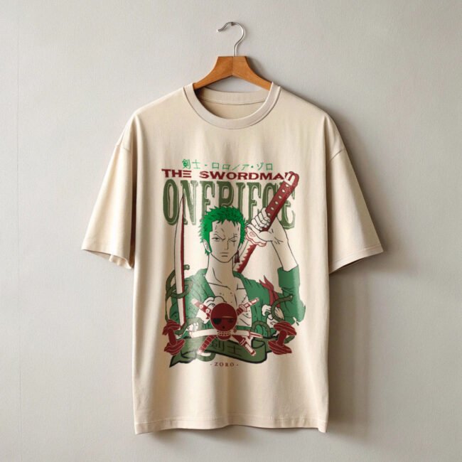 beige color anime t-shirt hanging