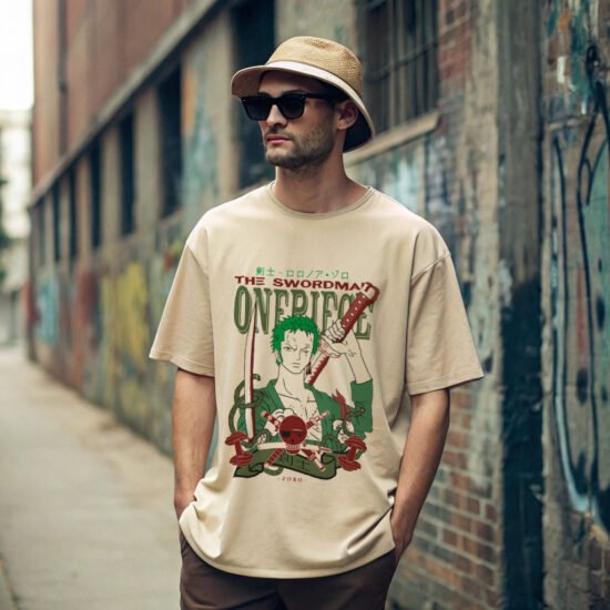 man posing in back alley wearing anime t-shirt and hats and sun glass