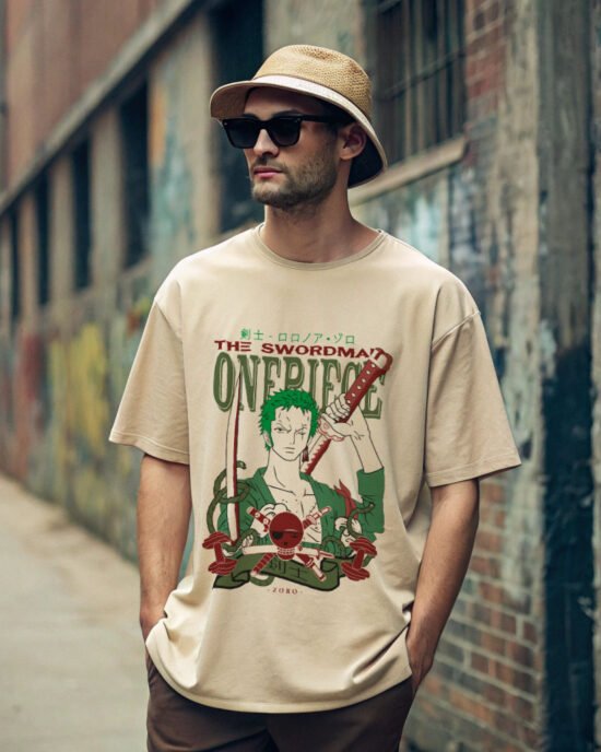 man posing in back alley wearing anime t-shirt and hats and sun glass