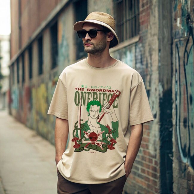 man posing in back alley wearing anime t-shirt and hats and sun glass