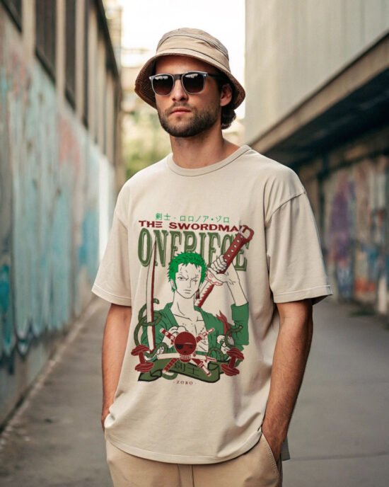 man posing in back alley wearing beige color anime t-shirt and hats and sun glass