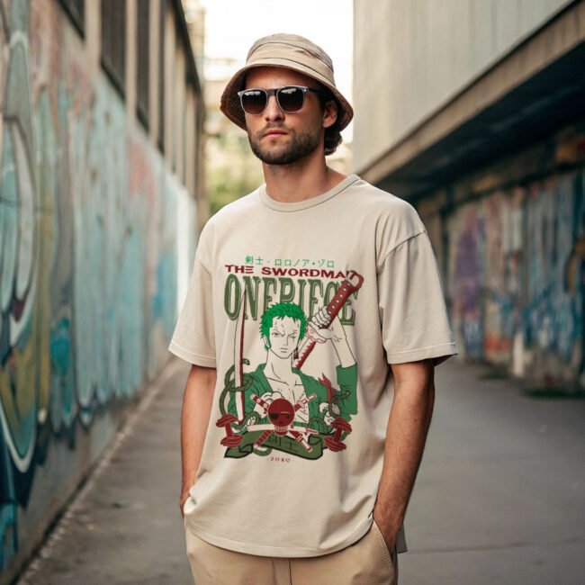 man posing in back alley wearing beige color anime t-shirt and hats and sun glass