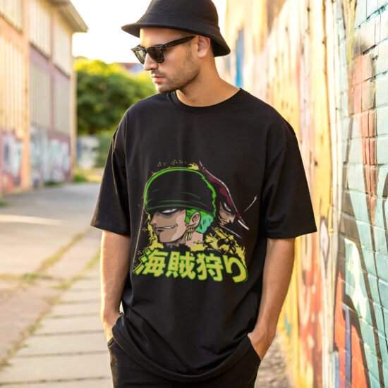 man posing in back alley wearing black color anime t-shirt and hats and sun glass