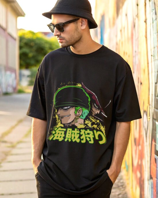 man posing in back alley wearing black color anime t-shirt and hats and sun glass