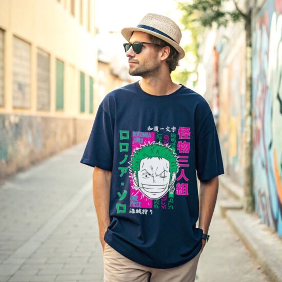 man posing in back alley wearing blue color anime t-shirt and hats and sun glass